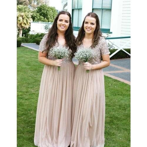 Beautiful Shiny Long Short Sleeves Beige Sequin Top Tulle Wedding Guest Dress Bridesmaid Dresses for Girls