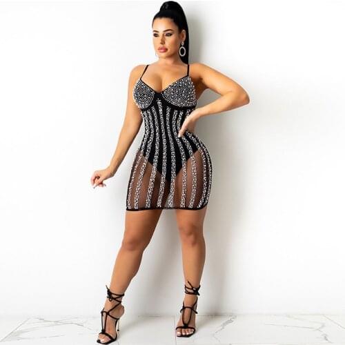 Crystal Rhinestone Pearl Glitter Birthday Dress for Women Club Wear Night Elegant Mesh Sheer Christmas Party Bodycon Mini Dress