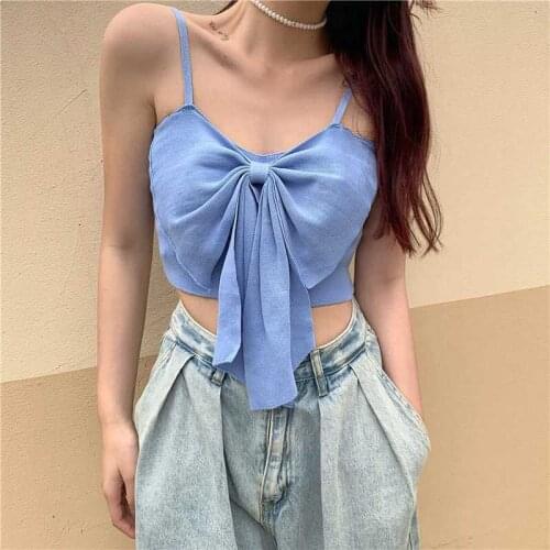 Summer Women Chic Bow Solid Crop Tops Girl Cute Kwaii Newest Camisole Ladies Sexy Sweet Basic Knitted Slim Sleeveless Tees Top