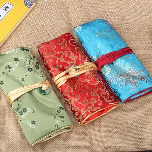 Handmade Jade Travel Jewelry Cosmetic Roll Up Bag Silk Brocade 3 Zipper Folding Storage Pouches Makeup Packaging Clutch Purse