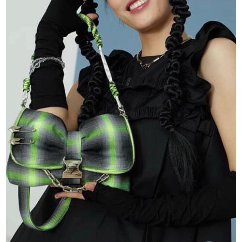 2021 New Japanese and Korean Style Bag Female Spice Girl Cute Bow Chain Shoulder Bag Green Plaid Fashion Handbag