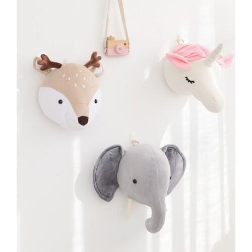 Nordic Unicorn Head Artwork Wall Hanging Dolls Plush Animal Head Toys Elephant Bear Deer Toys Wall Decoration Kids Room Ornament