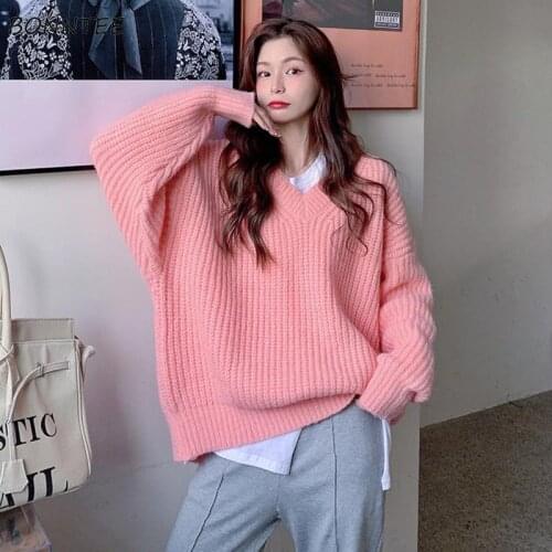 Pullovers Women Vintage V-neck Harajuku Sweet Elegant Pink Spring Long Sleeve Ladies Knitwear All-match Causal Female Clothing