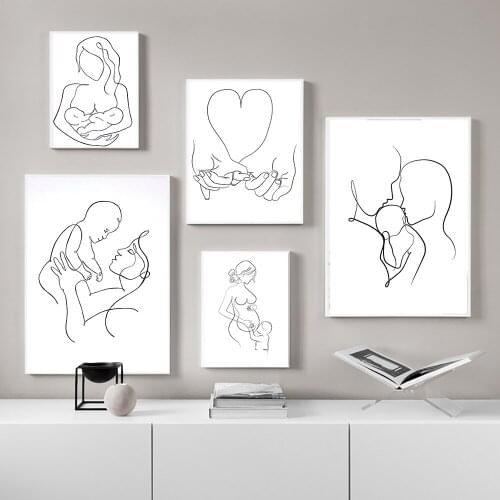 Family Portrait Mom Dad Baby Line Drawing Posters Abstract Minimalist Wall Art Canvas Painting Prints Pictures for Nursery Decor