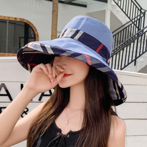 2021 Summer Beach Womens Sun Hat Outdoor Leisure Plaid Fisherman Hat Women Autumn Protection Round Basin Hat Cap