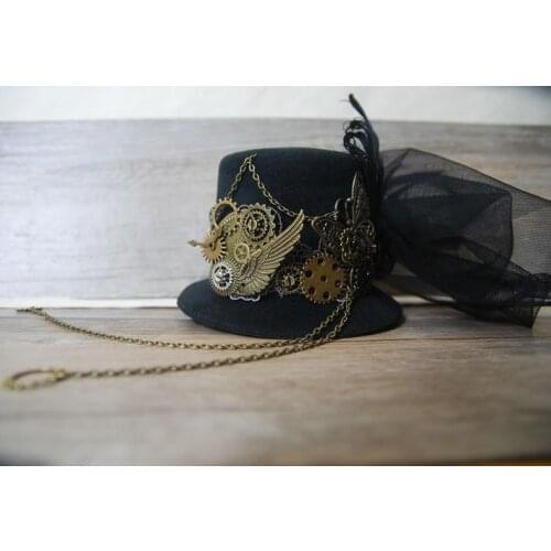Handmade Unique Stunning Black Steampunk Mini Top Hat Chains Bow Feathers Gears Butterfly Accessory Hats For Party