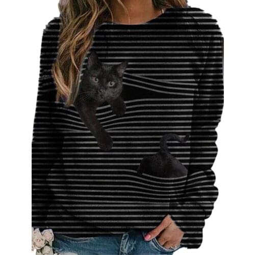 Autumn Winter Naughty Cat Print Womens Striped T-shirt Casual Polyester O-neck Long Sleeve Pullover Tops Ladies Plus Size Tees