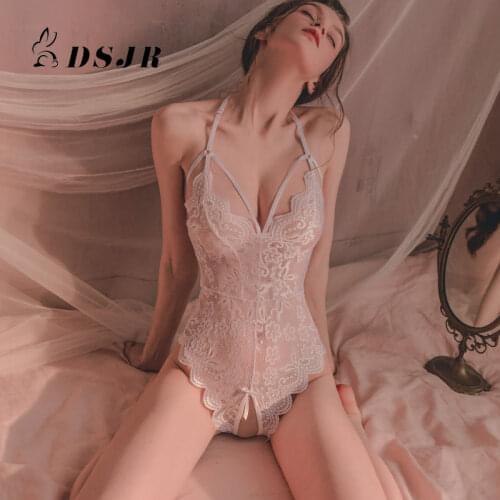 V-neck Erotic Large Size Lace Backless Sexy Lingerie Bodysuit See Through Crotchess Women Charming Jumpsuit Night Passion Suit