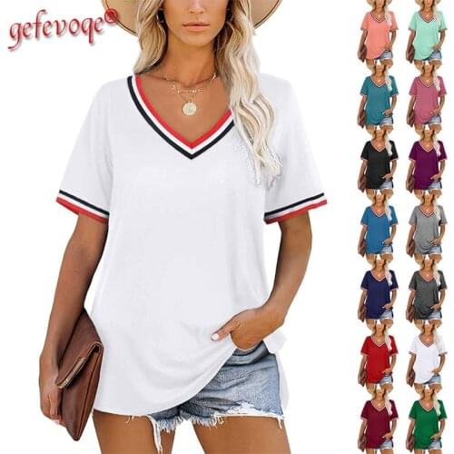 Summer Clothes For Women Solid Color Casual V-neck Tee Shirts Aesthetic Streetwear Tops 90s Girl Vintage White All-match T-shirt