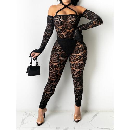 Fashion Streetwear Outfits Lace Two Piece Sets One Shoulder Full Sleeve Skinny Bodysuit Tops + Long Pants See-through Lady Suits