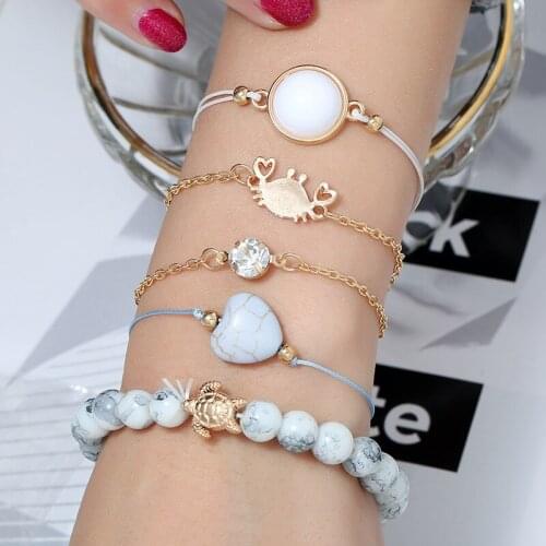 5 Pcs/ Set Heart Turtle Map Heart Letter Love Songhua Stone Beads Chain Multilayer Pendant Gold Bracelet Set For Women