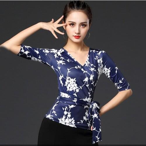 Ballroom Top Women Female Adult Ice Silk Printed V-Neck Shirts Ladies Standard Dance Practice Clothes Waltz Show Wear DNV13238