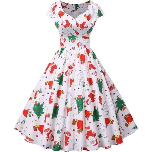 White Print Vintage Christmas Dress Women Winter Big Swing Elegant Short Sleeve V Neck Sexy New Year Party Plus Size Sundress