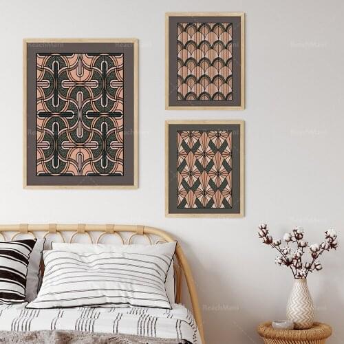 Decorative abstract printable artwork, art deco pattern bohemian pink and gray retro gallery wall set poster