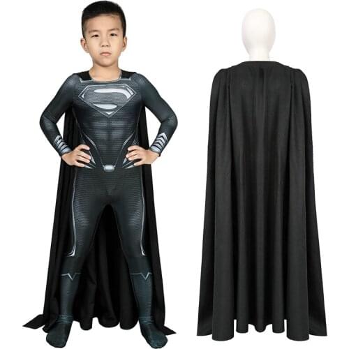 Kids Spuerhero League Clark Kent Black Jumpsuit Cosplay Costume For Children Halloween Masquerade Printing Bodysuit