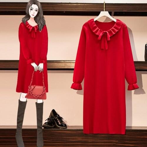 EHQAXIN Plus Size Womens Knitted Dresses Autumn Winter Sweet Lotus Leaf Collar Loose Straight Sweater Dress Lazy Style M-4XL