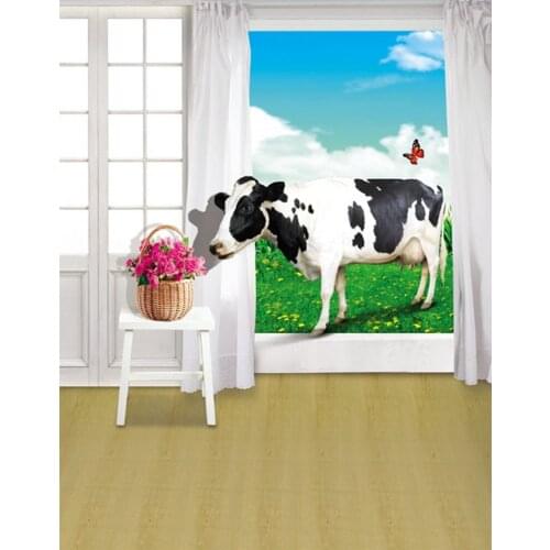 5x7ft Room Flowers Butterfly Lawn Dairy Cow Photography Backdrops Photo Props Studio Background