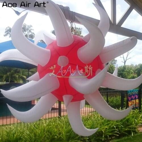 Giant inflatable hanging led decorations inflatable sphere with white horn for parties decorations and night clubs