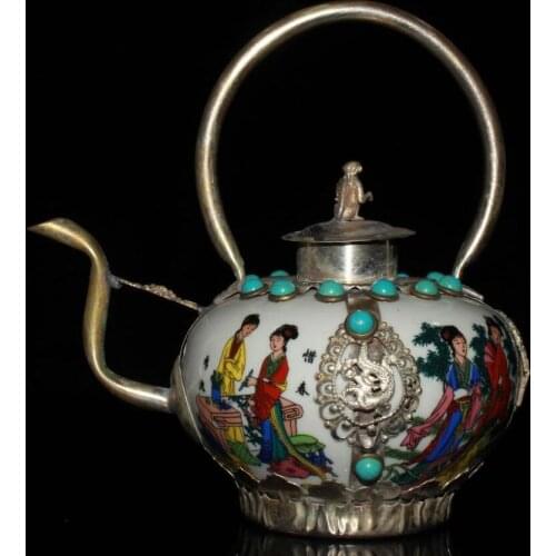 China White copper handwork inlay ceramics teapot crafts statue