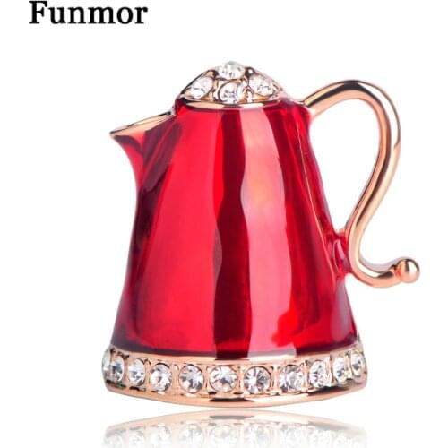 FUNMOR Red Enamel Teapot Brooches Crystal Rhinestone Daily Electric Kettle Brooch Corsage Women Men Suit Coat Lapel Pins Joias