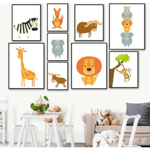 Giraffe Lion Elephant Zebra Deer Cattle Monkey Wall Art Canvas Painting Nordic Posters And Prints Wall Pictures Kids Room Decor