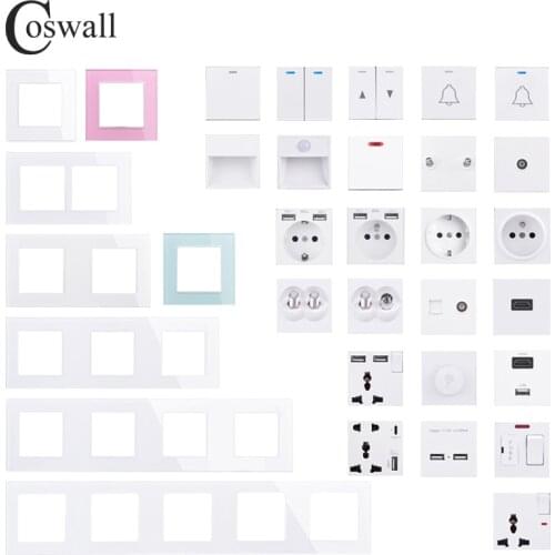 COSWALL C1 Series White Glass Panel Wall Switch EU French Socket HDMI-compatible USB Type-C 4A Fast Charger TV RJ45 Module DIY