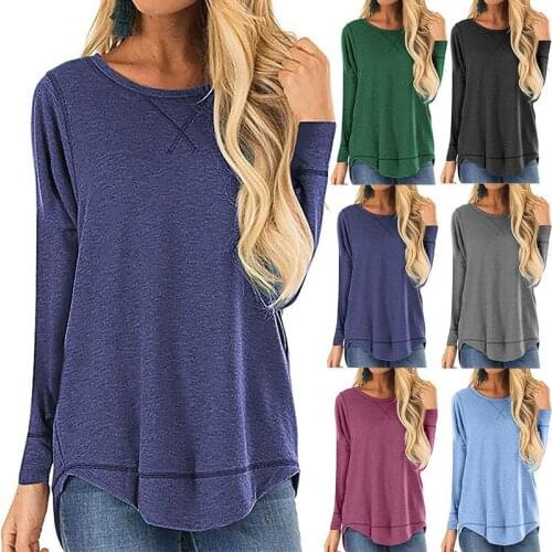 Autumn Winter Round Neck Long Sleeve Pure Cotton T-shirt Solid Color Loose top Front Short And Back Long Swallowtail