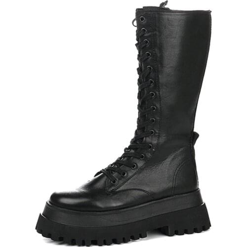 RASMEUP Platform Mid-Calf Boots 2020 Brand Leather Boots for Woman Lace up Chunky Out Sole Boots Women Winter Shoes