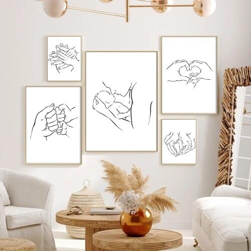 Family Portrait Mom Baby Art Line Drawing Posters Abstract Minimalist Hands Heart Wall Canvas Print Painting Decorative Pictures