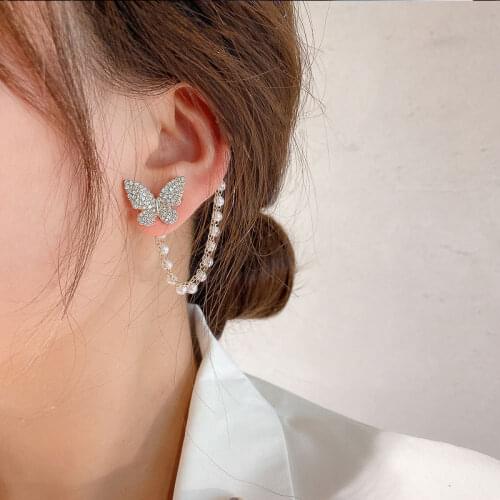 Korean Girl Earrings 2021 Fashion New Net Red Temperament Elegant Asymmetric Full Diamond Butterfly Pearl Tassel Earrings Sale