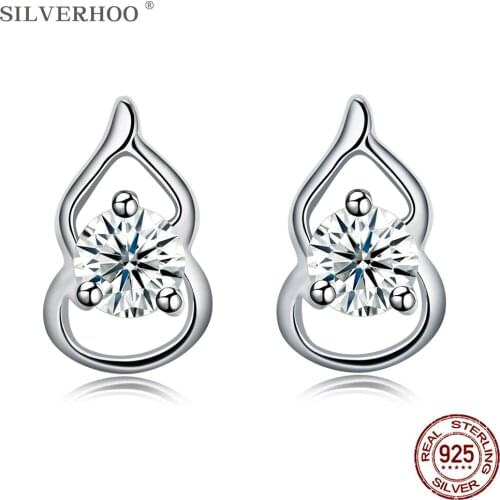 SILVERHOO Earrings For Women 925 Sterling Silver Gourd Shape Bright Clear Cubic Zirconia Jewelry Personality Female Stud Earring