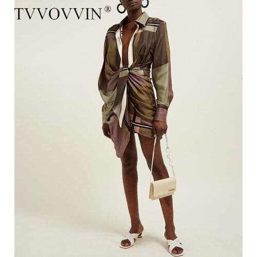 TVVOVVIN Printing Derss Woman 2020 Early Autumn Geometry Color Block Personality Wrinkle Deep V Shirt Dresses L239