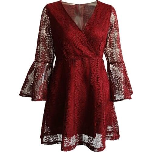 PERHAPS U Black White Wine Red Lace V Neck 3/4 Flare Sleeve Short Mini Dress Summer Sexy Elegant Party Office Lady Solid D0199