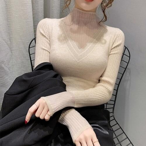 Women Turtleneck Splicing See Through Knitted Fall Winter Sexy Lady Elegant Show Thin Top Sweaters Long Sleeve Pullover Blouse