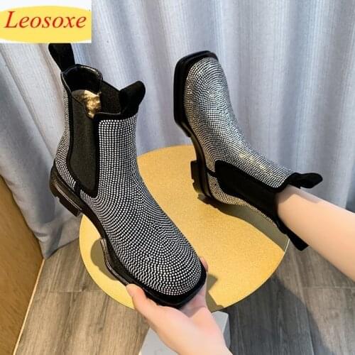 Crystal Boots Women Patchwork Stretch Cloth Botas Winter Platform thick boots 2020 Slip-on Chelsea Boots Botas Mujer