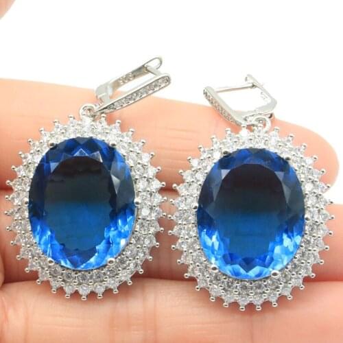 49x28mm Anniversary Big Gemstone 22x18mm Created London Blue Topaz CZ Ladies Dating Silver Earrings Wholesale Drop Shipping