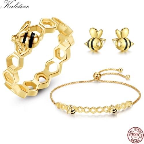 KALETINE Honeycomb Earrings Bracelet Rings Jewelry Sets For Women 925 Sterling Silver Luxuy Bee Yellow Gold Jewelry Sets 2019
