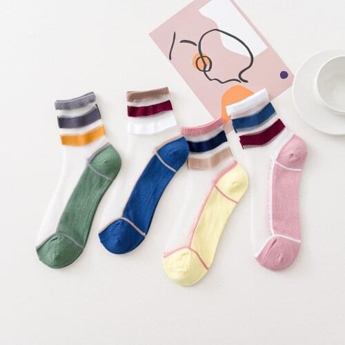 Womens Spring And Summer Thin Card Silk Womens Socks Striped Glass Fiber Breathable Cotton Bottom Sweat-Absorbent Summer Hot S