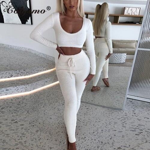 Colysmo Winter Sweater Set Women Long Sleeve Crop Top Bodycorn Two Piece Pants Set Pocket Tie up Trousers Knit Party Wear 2020