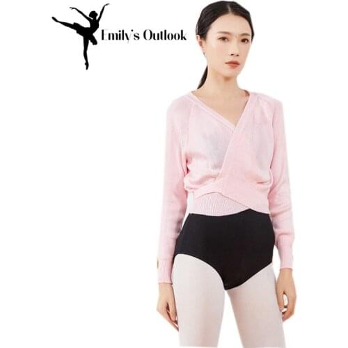 Womens Ribbed Sweater Knit Sexy Deep V Neck Bandage Surplice Wrap Crop Top Soft Ballet Warm Up Jacket For Leotards Dance Dress