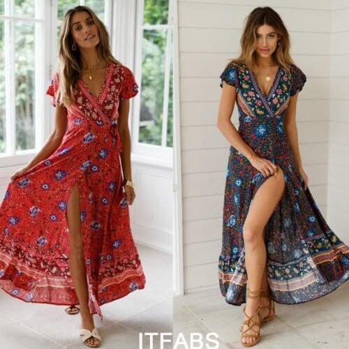 2019 Womens Summer Vestidos Multi Color Flowerl Priting Bandage Dress Holiday Sleeveless Beach Sundress Long Maxi Party Dresses