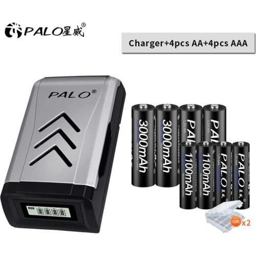 PALO 1.2v Nimh AA Rechargeable Battery 3000mah+1.2v AAA Rechargeable Battery+LCD Smart charger for 1.2v nimh nicd AAA AA battery