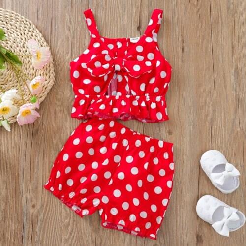 2021 Toddler Kids Baby Girls Polka Dot Bowknot Fashion Vest Tops Shorts Outfits Set Kawaii Summer Childrens Clothing Sets