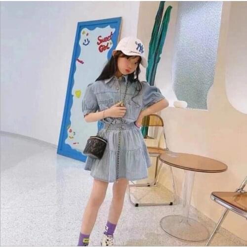 2021 Korea style girls 2 pcs denim set shirt+ skirt fashion cotton summer girls suit 4-9t A830