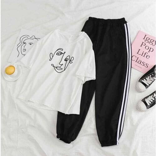 Pants Suits for Women Two Piece Outfits for Women Korean Style Short Sleeve and Trousers Set Female Pullovers Straight-leg Pant
