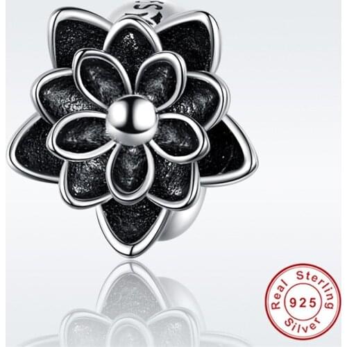 Fit Europe Bracelet Original 925 Sterling Silver Black Cute Lotus Strings Beads S925 Vintage Flower Charms for Jewelry Making