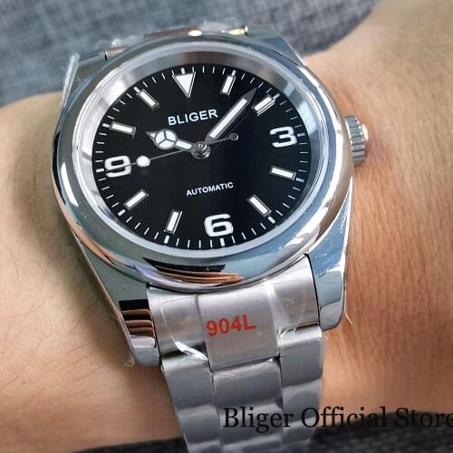 BLIGER 36mm Automatic Men Watch Green Luminous Polished Bezel NH35A MIYOTA 8215 Glass Back Brushed Oyster Sapphire Crystal