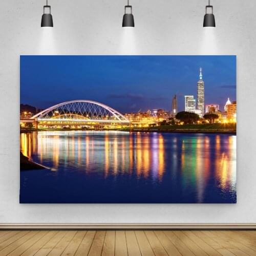 City Building Riverside Wooden Platform Child Night Scenic Photo Background Photography Backdrops Photocall Photo Studio