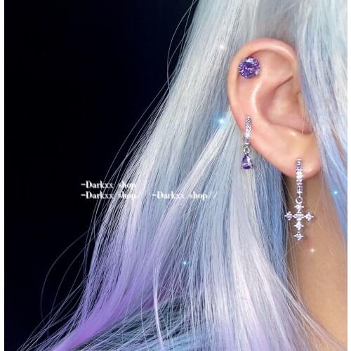 2021 New Korea Fashion Y2K Aesthetic Geometric Cross Earrings Set Purple Zircon Crucifix Earrings for Woman Eardrop Jewelry