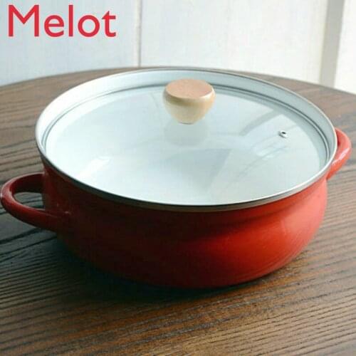 Red round Enamel Soup Pot Enamel Shallow Pot Hot Pot Ceramic Casserole Set Casserole Cute Solid Color Soup Pot